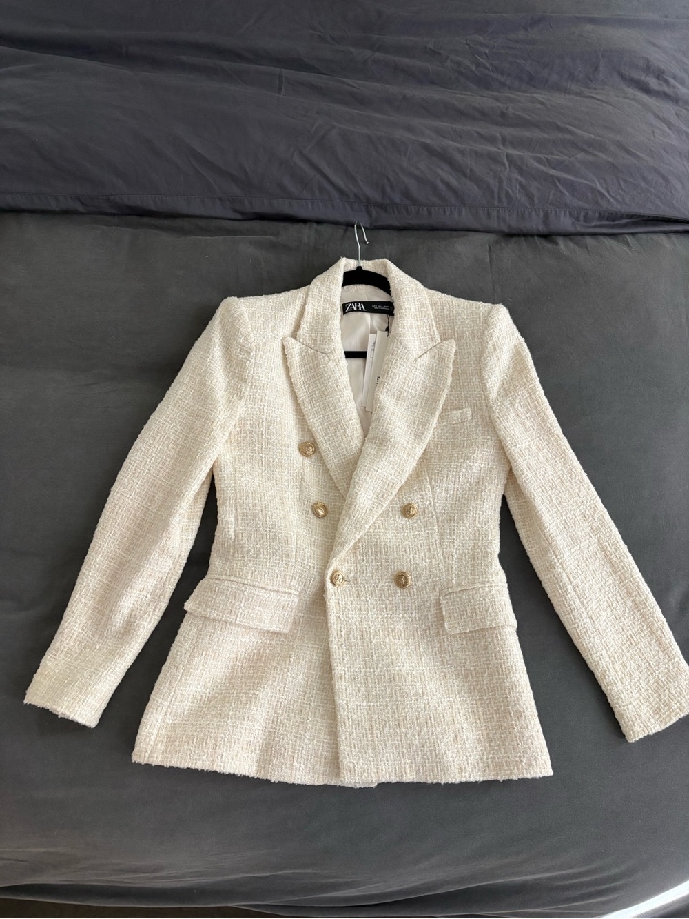 Zara Cream Double-Breasted Tweed Blazer with Gold Buttons